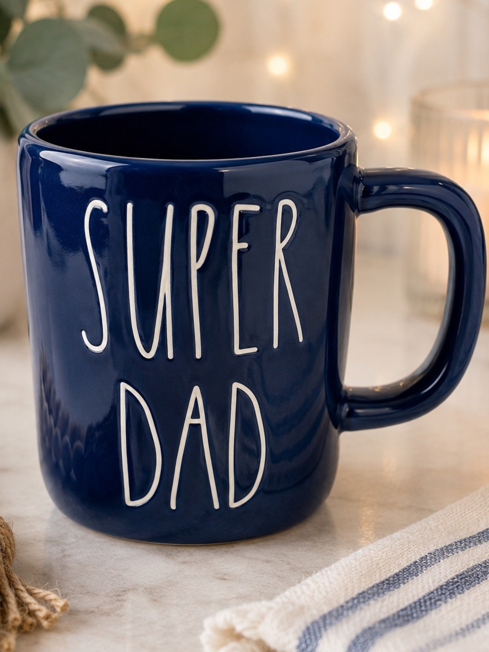 Rae Dunn SUPER DAD Navy Blue Ceramic Mug Birthday Day Gift NWT
